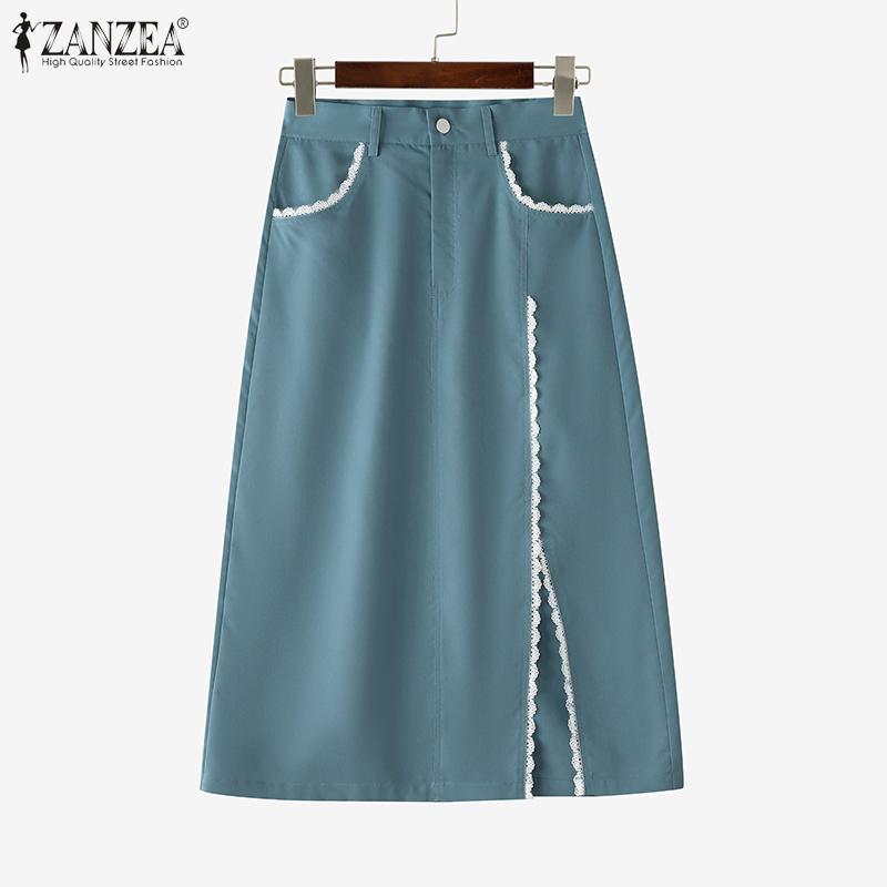 ZANZEA Damskie codzienne letnie spódnice midi z koronkowymi wstawkami