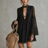 Women's Vintage Boho Green Lace Patchwork V-Neck Bell Sleeve Loose Fit Babydoll Dress