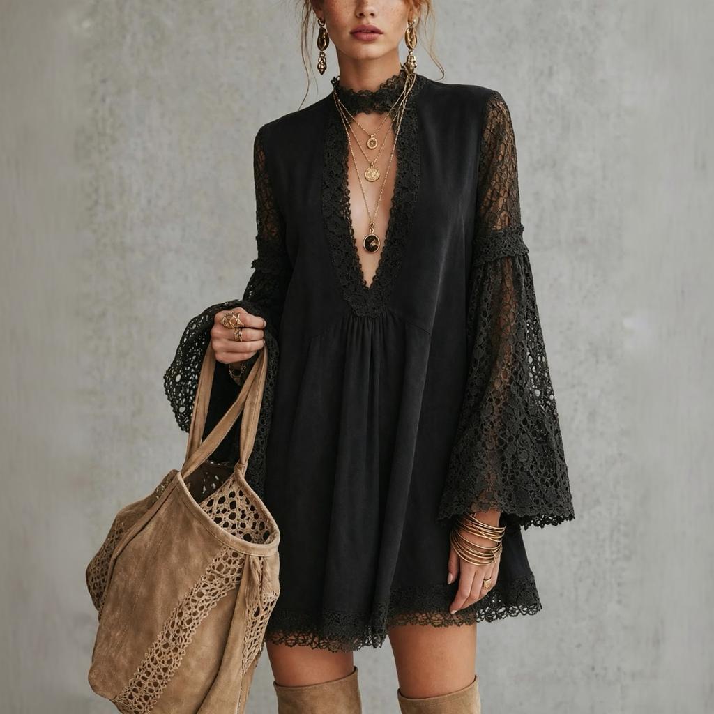 Women's Vintage Boho Green Lace Patchwork V-Neck Bell Sleeve Loose Fit Babydoll Dress