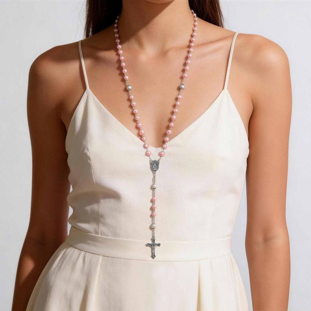 Collana Rosario Perla Rosa Perline di Preghiera Cattoliche Medaglia Vergine Maria Collana con Croce Religiosa per donne Gioielli Religiosi Regalo