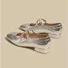 Mary Jane Damenschuhe Kleine Lederschuhe Flacher Mund Niedriger Absatz Silber Einzelschuh