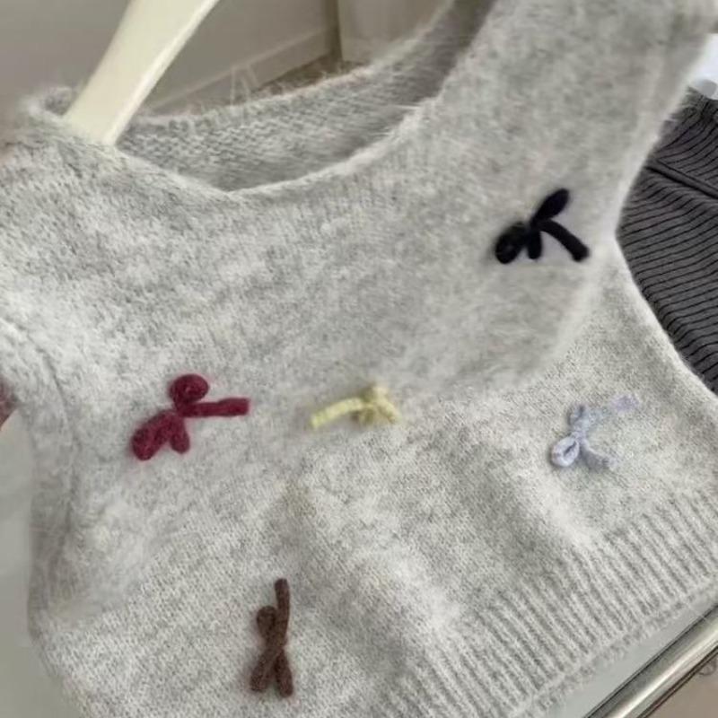 Autumn new large size vest women's crew neck bow design top