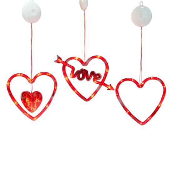 3 Bucăți Lumini Cortină Inimă cu Ventuze Lampă Portabilă Iubire Lumini Fereastră de Ziua Îndrăgostiților cu Telecomandă Iluminat Festiv Romantic