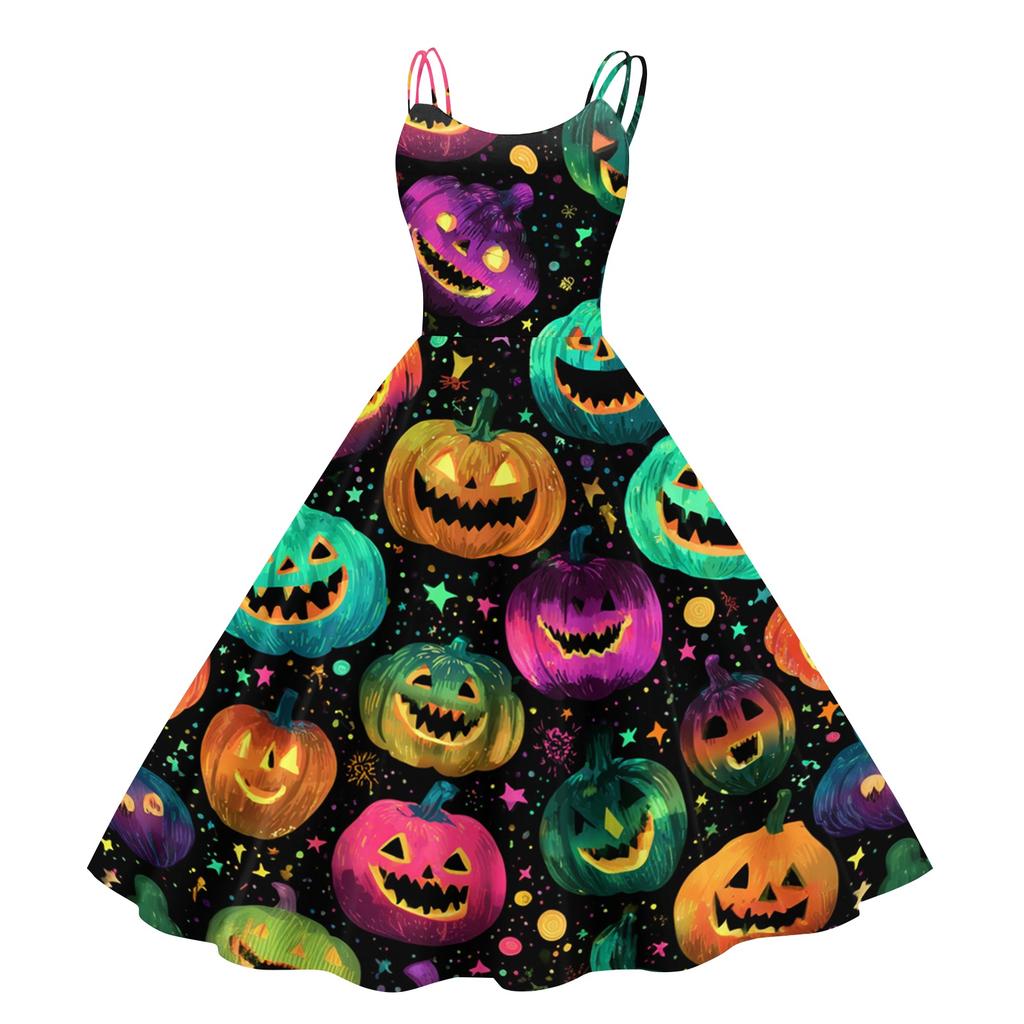 Women Halloween Print Off Shoulder Punk Vintage Dress Sleeveless Spaghetti Strap Fit and Flare Midi Dress for Party