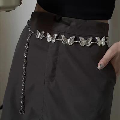 Fashionable Silvery Butterfly Belts for Woman 110cm Smooth Metal Chain Belts Summer Dress Belts