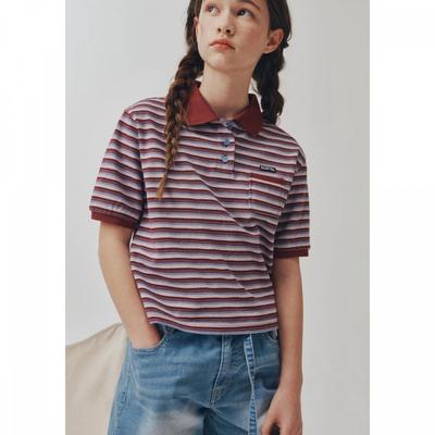 STripe Collar Wine Crop ShorT Sleeve T shirT azb2Ts05wn