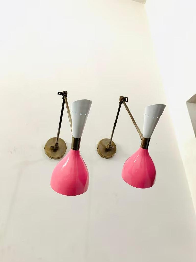 Mid Century Italian Brass Wall Sconce: Pink & White Diabolo Lamp