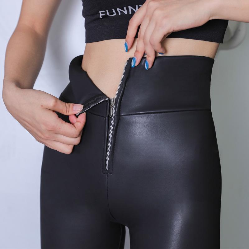 Women's High-Waisted Zipper Matte Leather Leggings - Fleece-Lined, Elastic, Slimming (Autumn/Winter 2020)