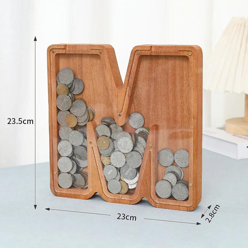 23cm Large Size Twenty-six Letter Piggy Bank Wooden Coin Money Saving Box Jar Coin Storage Box Desktop Ornament Home Decor Craft