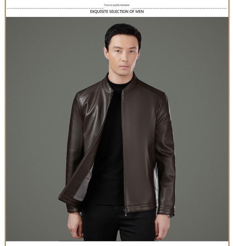 Men's Middle-Aged Business Casual Sheepskin Leather Jacket with Stand Collar and Plus Velvet Lining