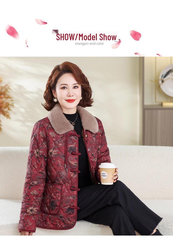 Mom's 2025 Stylish Autumn/Winter Velvet-Lined Floral Coat for Middle-Aged & Elderly Women