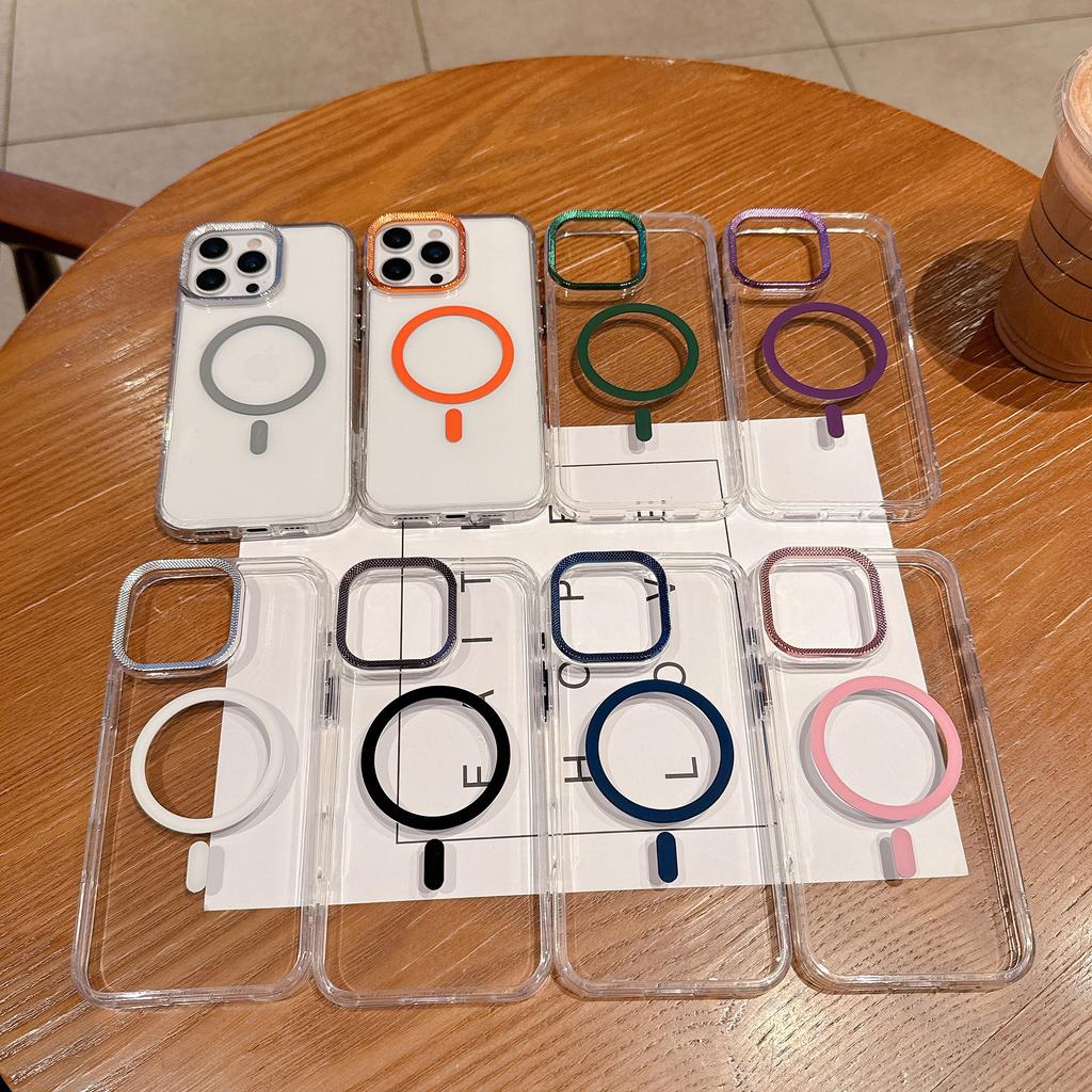 For iPhone 16 Pro Max Case Compatible with MagSafe PC+TPU Clear Phone Cover with Diamond Texture Lens Frame