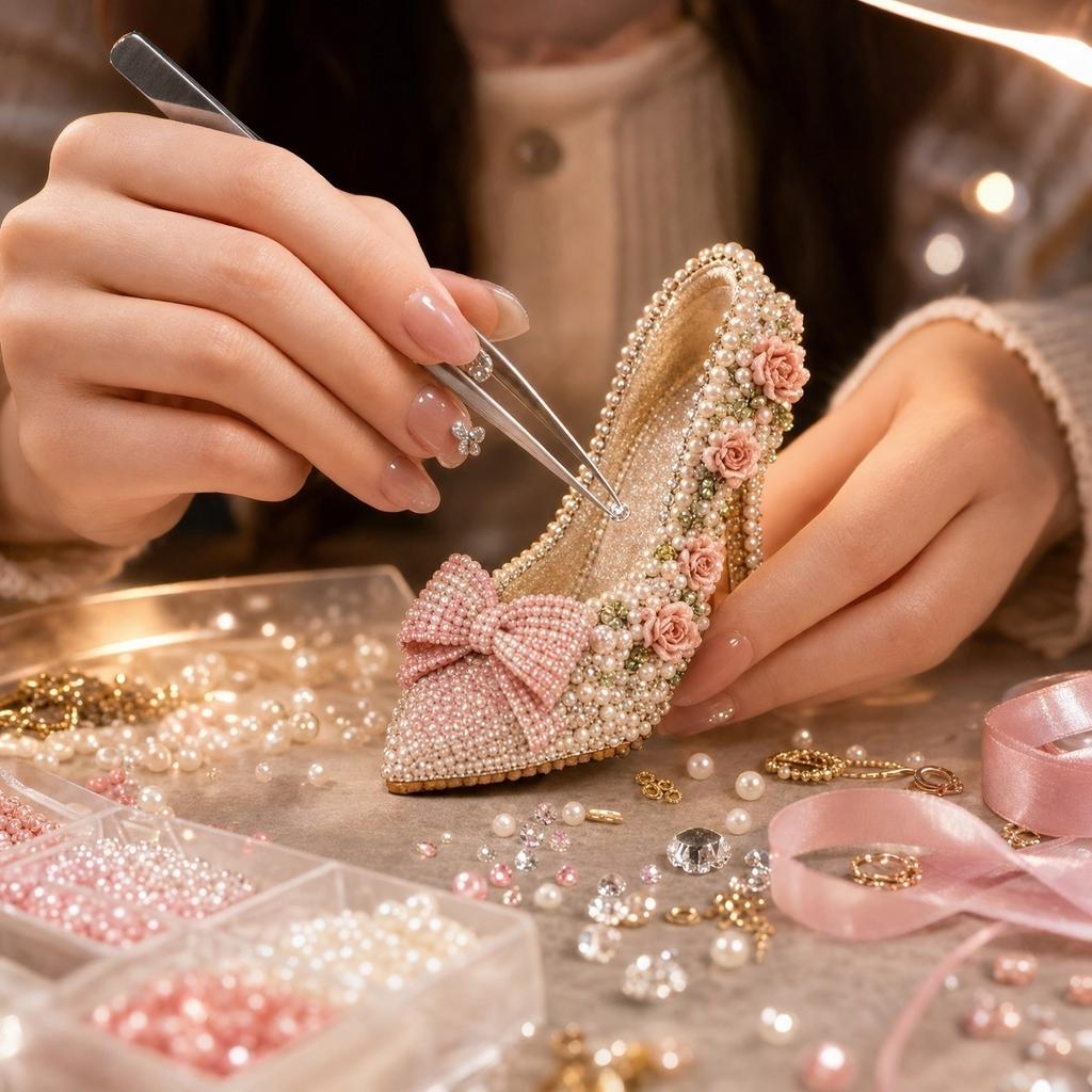 DIY 3D Beaded High Heel Shoe Craft Kit with Decorative Pearls and Floral Elements for Creative Home Art Projects and Collectible Display
