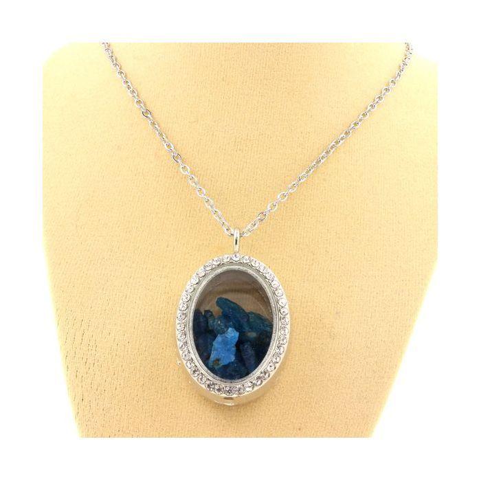 Pierres et Minéraux. Collier Apatite bleu neon brut. Modèle ovale.
