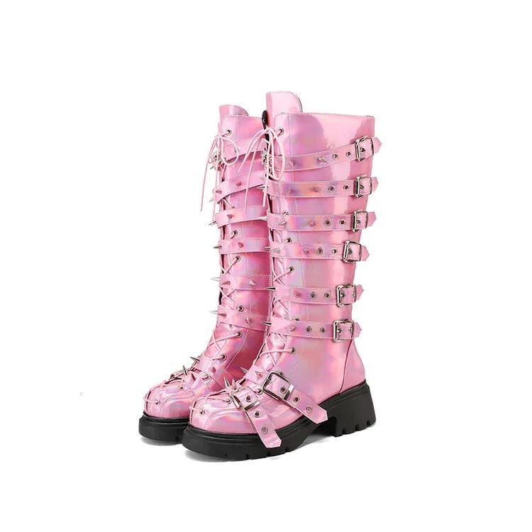 Fashion Retro Belt Buckle Metal Rivet Hollow Out Long Boots European American Casual Punk Style Shiny Thick Heel Motorcycle Boots 34-43