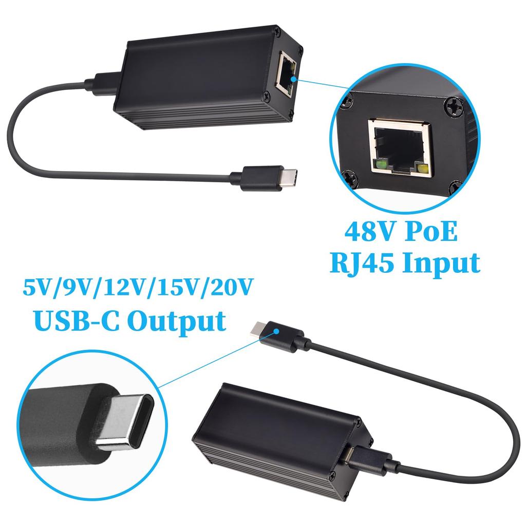 REVODATA 25W Gigabit PoE To Driver Converter for PoE To Power Output with Ethernet Adaptive Wired Broadband and PD Charging USB-C Phones/Tablets,