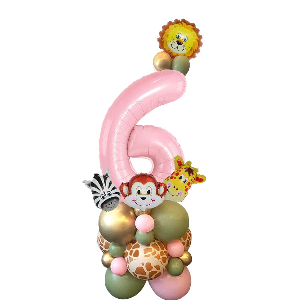 1set Carton Animal Balloon Tower with Pink Number Balloon for Girl's Wild One Themed Jungle Safari Birthday Party Decorations