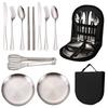 Outdoor stainless steel tableware set, portable travel camping 10-piece set, barbecue plate, food clip, knife, fork, spoon.