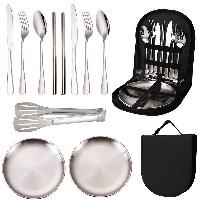 Outdoor stainless steel tableware set, portable travel camping 10-piece set, barbecue plate, food clip, knife, fork, spoon.