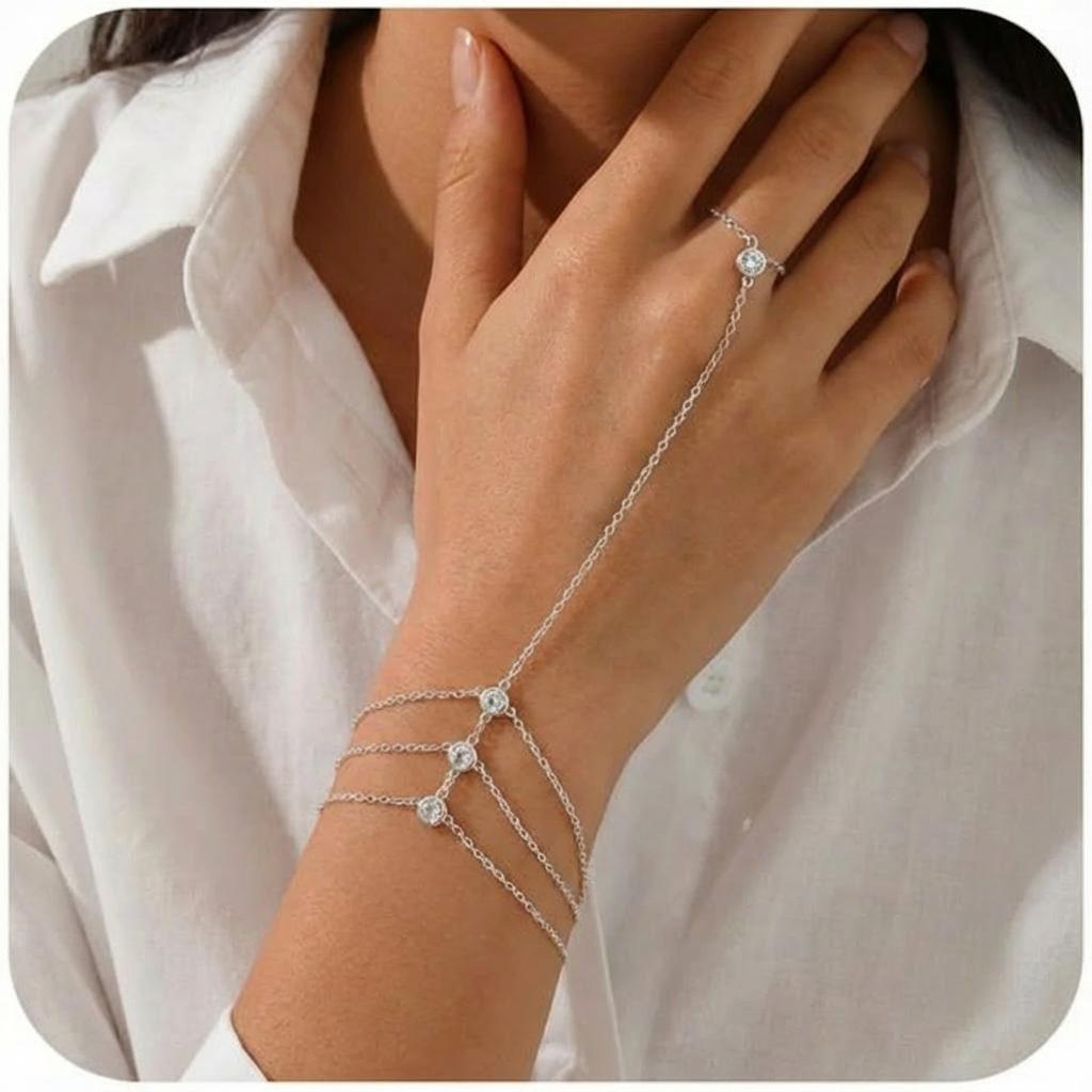 Multi-layered Thin Chain Finger Bracelets for Women Delicate Shiny Rhinestones Ring Bracelets Wedding Party Jewelry