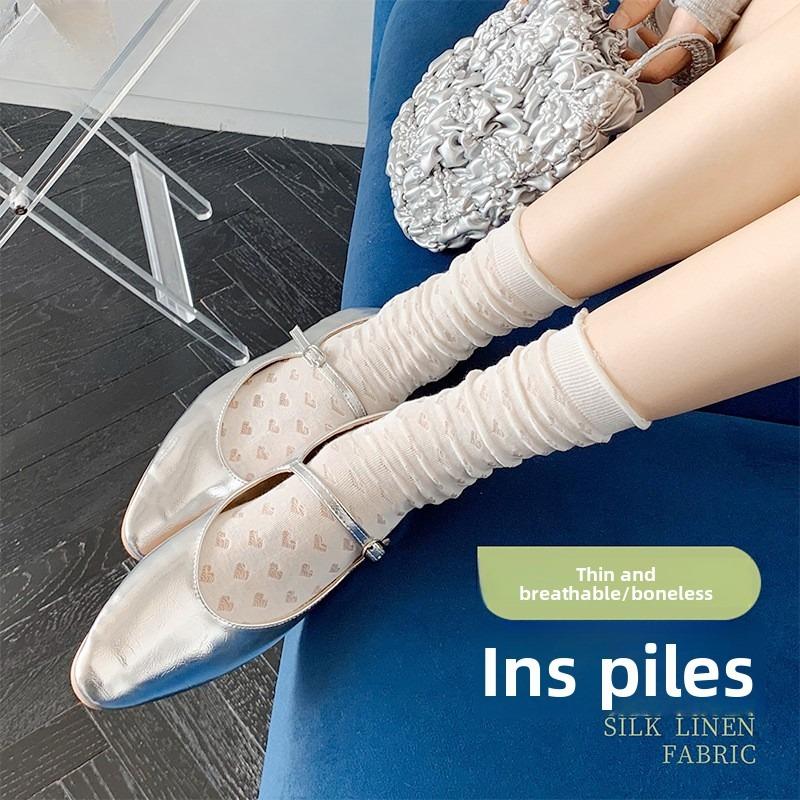 Damen Sommer Leichte Baumwollsocken mit Spitzenrand, offene Strickweise, Tubeless, mit Netzbelüftung, Ballettschnitt, Wadenlänge, ohne Knochen.