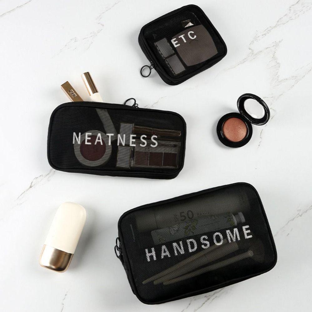 

3pcs Zipper Mesh Cosmetic Bag Solid Color Handheld Makeup Pouch Transparent Makeup Bag Lady чорний