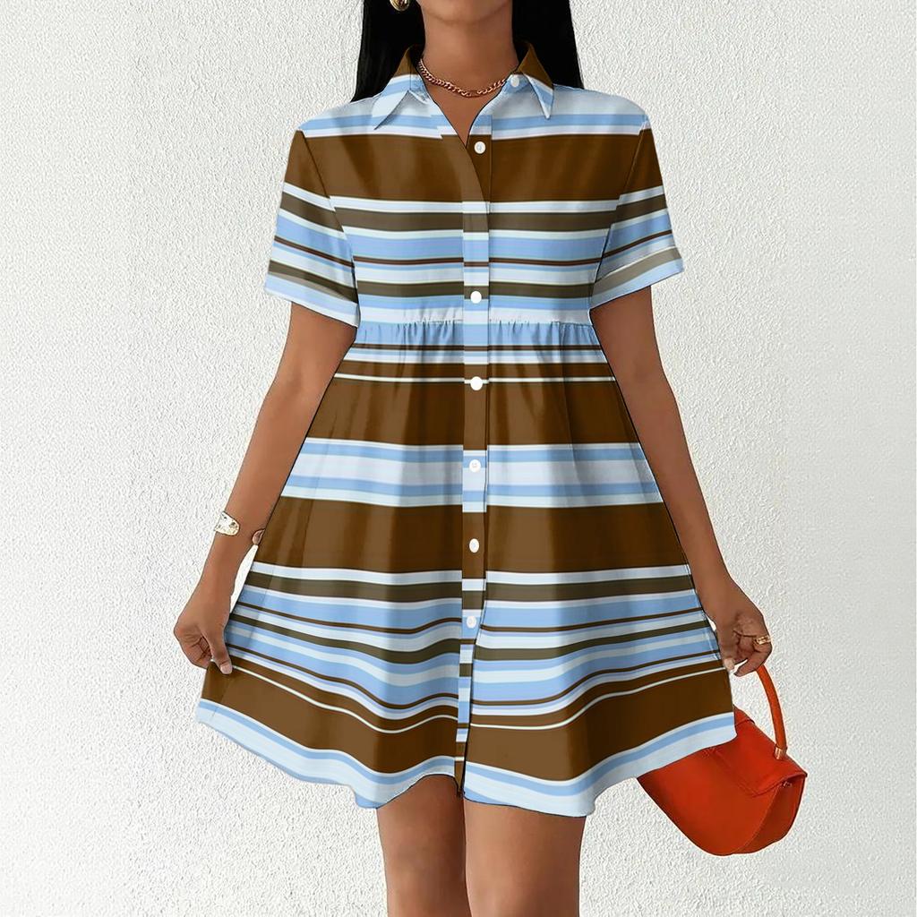 Women Loose Fit Casual Shirt Dress with Button Front and Stand Collar Short Sleeve Striped Design for Everyday Wear