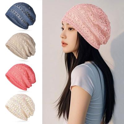 Casual Knitted Hat Flowers Skullies Hat Breathable Summer Beret Cap  Women