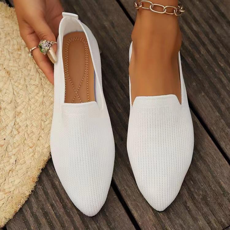 European and American large-size pointed fly-woven flat-soled single shoes, women's one-pedal shallow-mouth breathable four-season work shoes