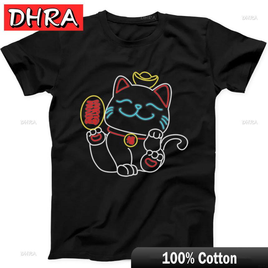 Unisexeki Neko Japanese Lucky Cat Neon Line Light Funny Gift Black T Shirt  Cool Aesthetic Cute Tshirts Tops for Daily Wear TShirt 4XL