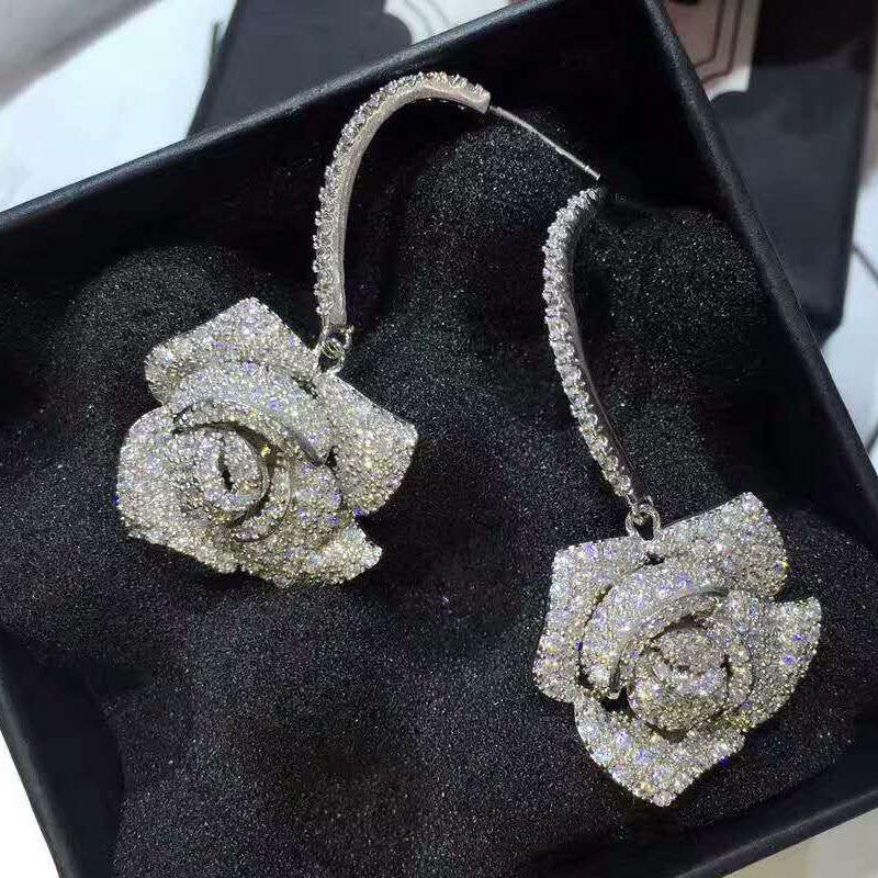 European & American Fashion Zircon Camellia Rose Earrings for Evening Dress