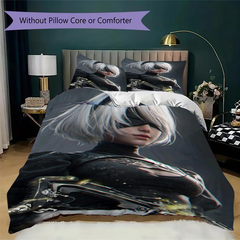 NieR Automata Pattern Bedding Uilt Set Uilt Cover Pillowcase Home Decoration Birthday Gift (1 * Duvet Cover + 2 * Pillowcase Without Core)