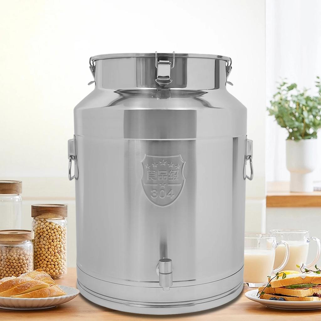 Modern Cylindrical 304 Stainless Steel Milk Jug with Spigot – 64L/16.9Gal Large Sealed Storage Bucket for Milk, Water, Honey