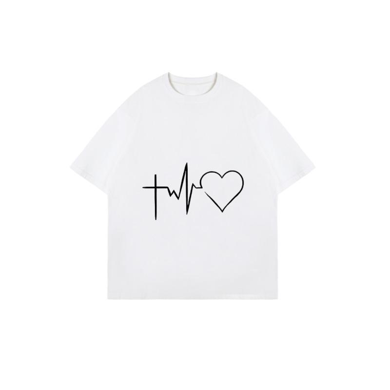 Oversize T-shirt Czarny Z Nadrukiem Tętna i Serca Codzienne Ubranie Dla Kobiet Letni Strój Streetwear Moda Top