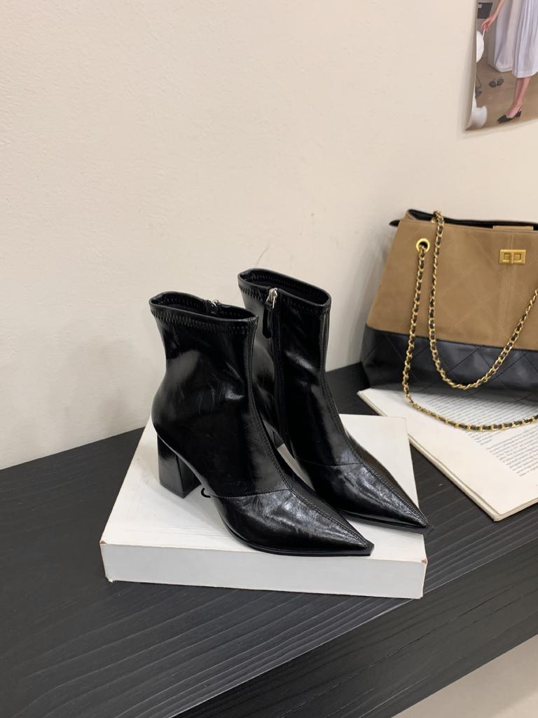 Patent Leather High-heeled Short Boots Women's 2025 Autumn and Winter New Thick Heel Thin Boots Pointed British Style Medium Tube Thin Martin Boots