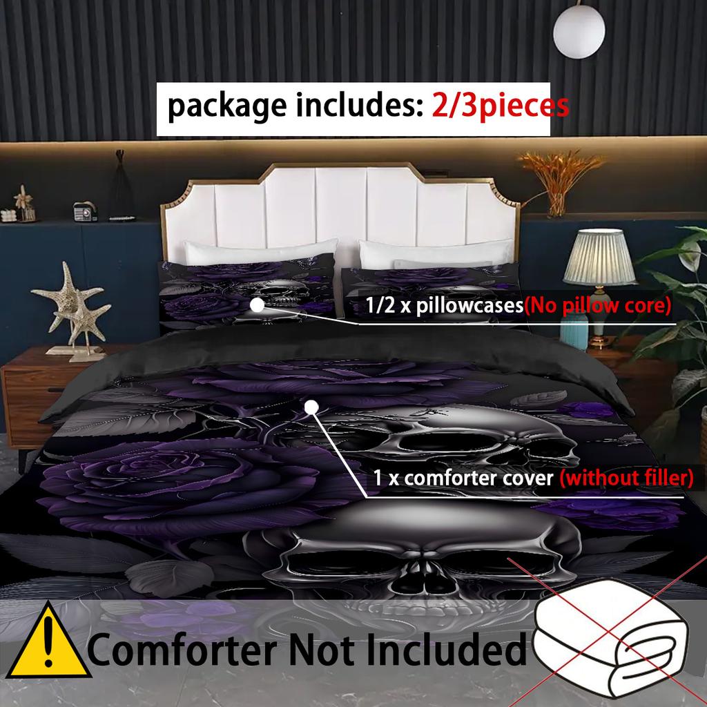 Skeleton Purple Rose Sea Print Duvet Cover Halloween Gothic Style Bedding Set Polyester Soft Comfortable Quilt Cover Pillowcases