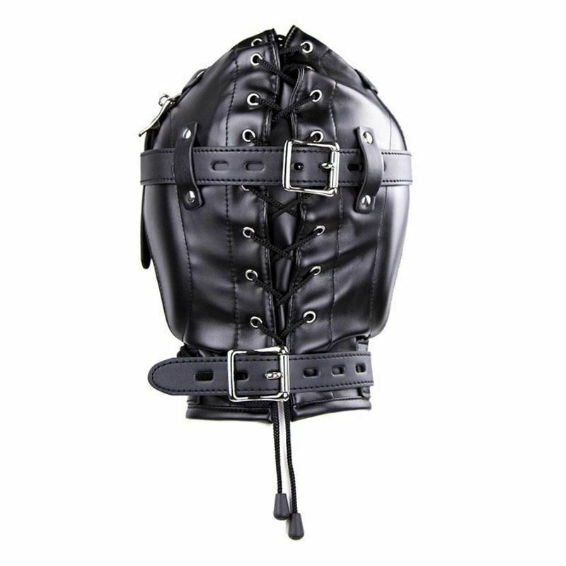 Black Full  Hood Mask Plug Headwear Kink  Fetish Restraints Hoods