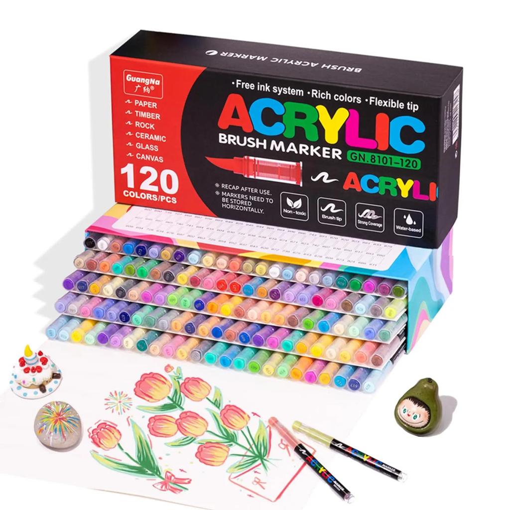 12-408 Colors Acrylic Paint Markers Flexible Brush Acrylic Markers Set for Rock Wood Canvas Glass Stone Painting Art Supplies