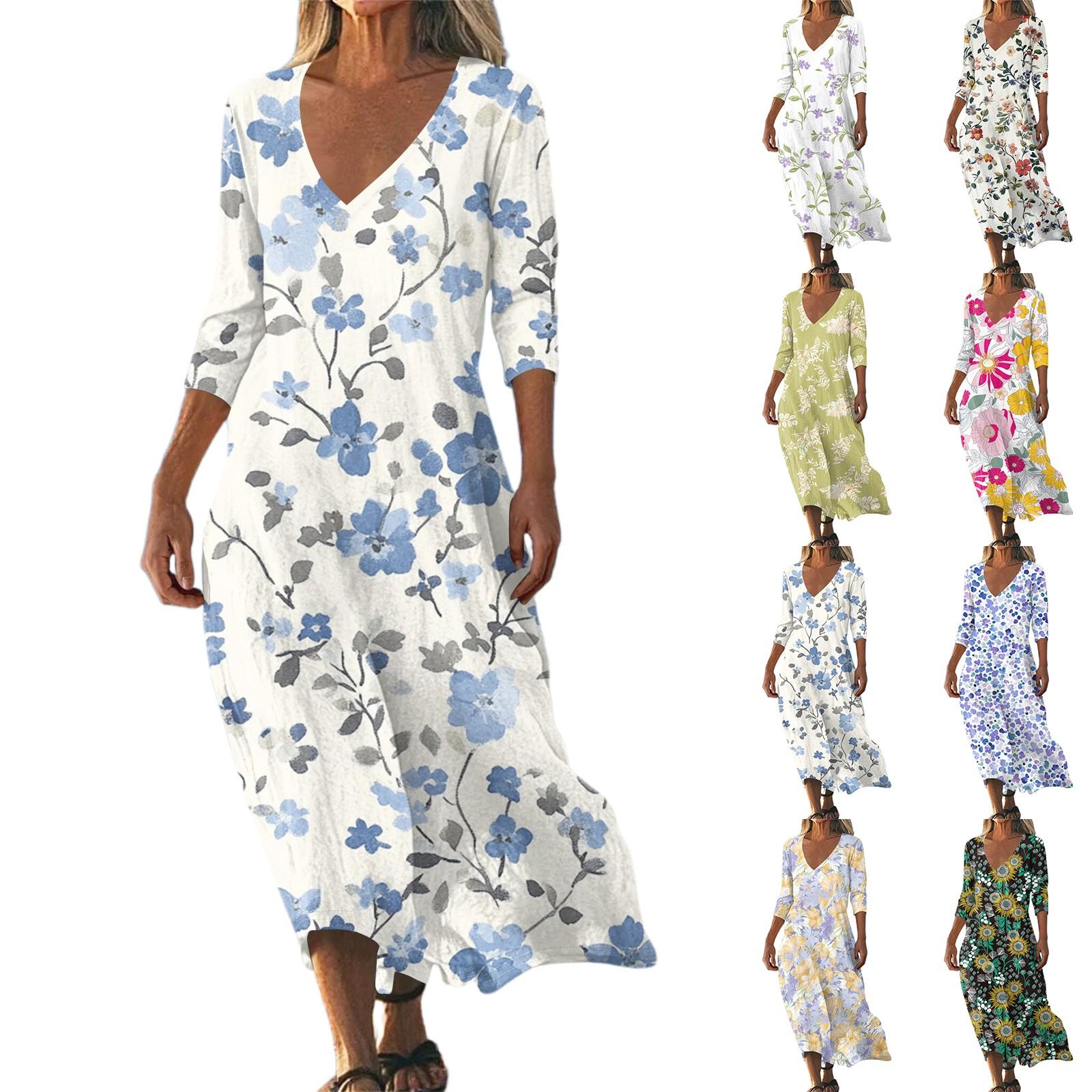 

Dresses For Womens Vintage Print Tunic Waisted Midi Dress Summer Casual 3/4 Sleeve Dress S жовтий