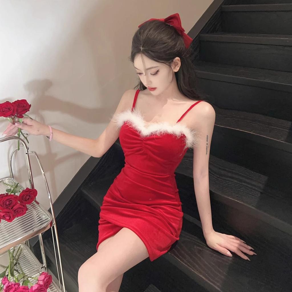 Autumn and Winter Pure Desire Style Hottie Sexy Velvet V-neck Suspender Hip Skirt Children's Red Christmas Fluff Dress