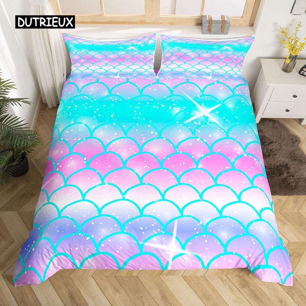 Fish Scales Duvet Cover Set Pink Fish Scales Pattern Colorful Twin Bedding Sets for Girls Women Microfiber 2/3Pieces Quilt Cover
