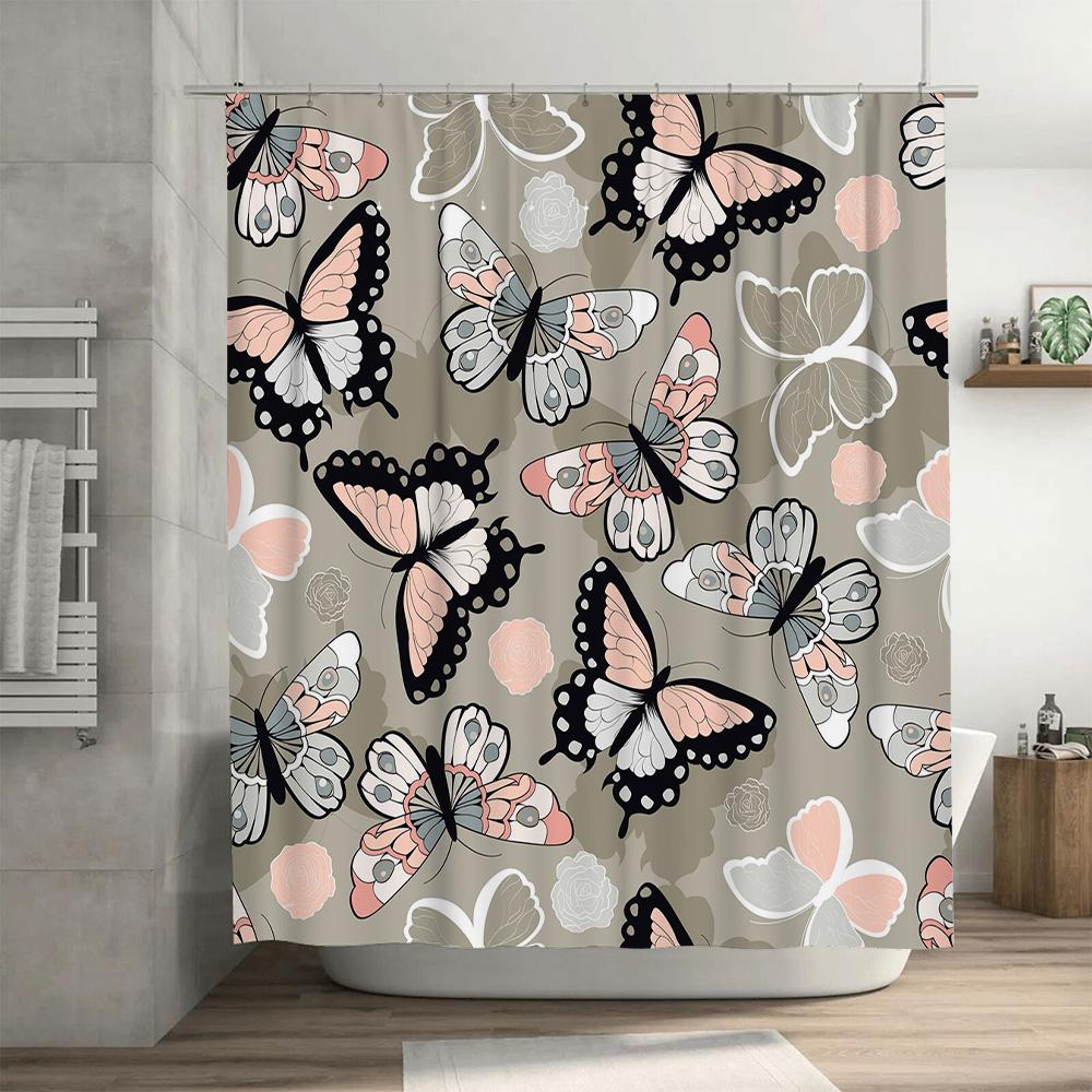 Floral Pattern Shower Curtain Beautiful Butterfly Design for Bathroom Decor Customizable Size Water-Resistant Fabric Pink White
