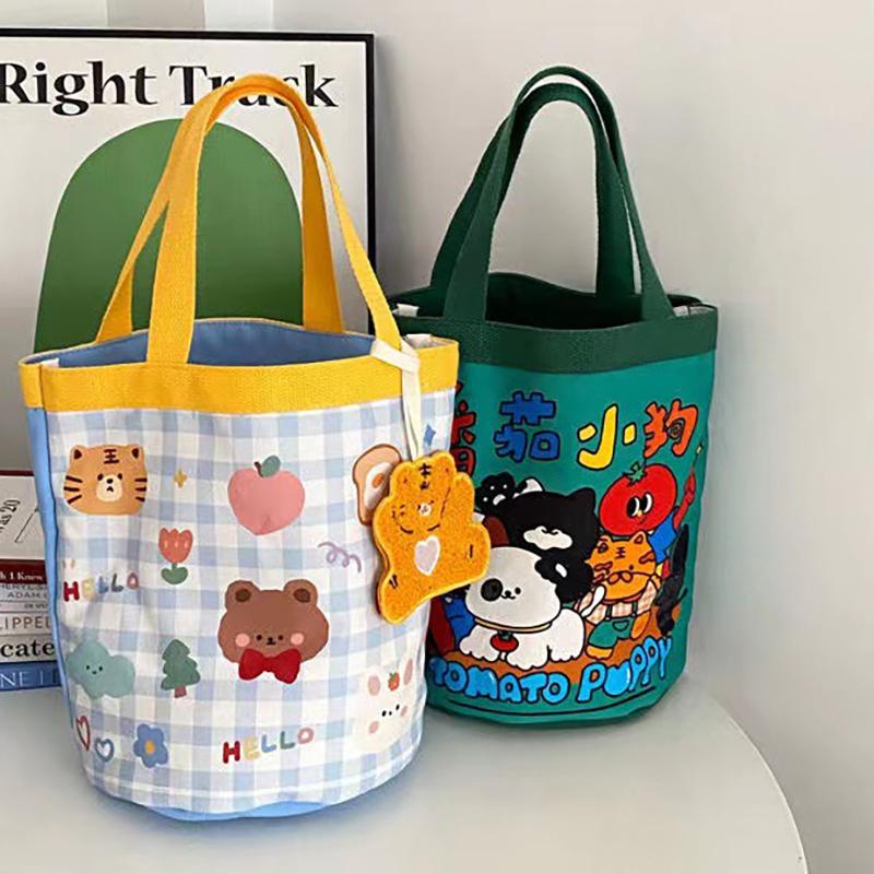 Geantă Găleată Graffiti cu Model Animal Drăguț Portabilă Geantă Cilindrică cu Inscripție Ins Geantă Canvas pentru Bento Geantă de Mână pentru Cutia de Prânz