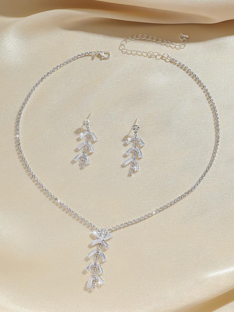Best-Selling Engagement Bride's Leaf-Shaped Zinc Alloy Necklace and Earrings 2-Piece Set