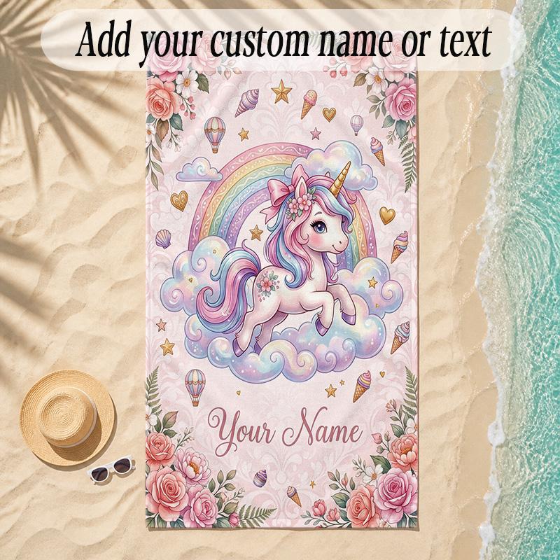 Unicorn Theme Soft Beach Towel Personalized Custom Name Text Towel Portable for Beach Pool Travel