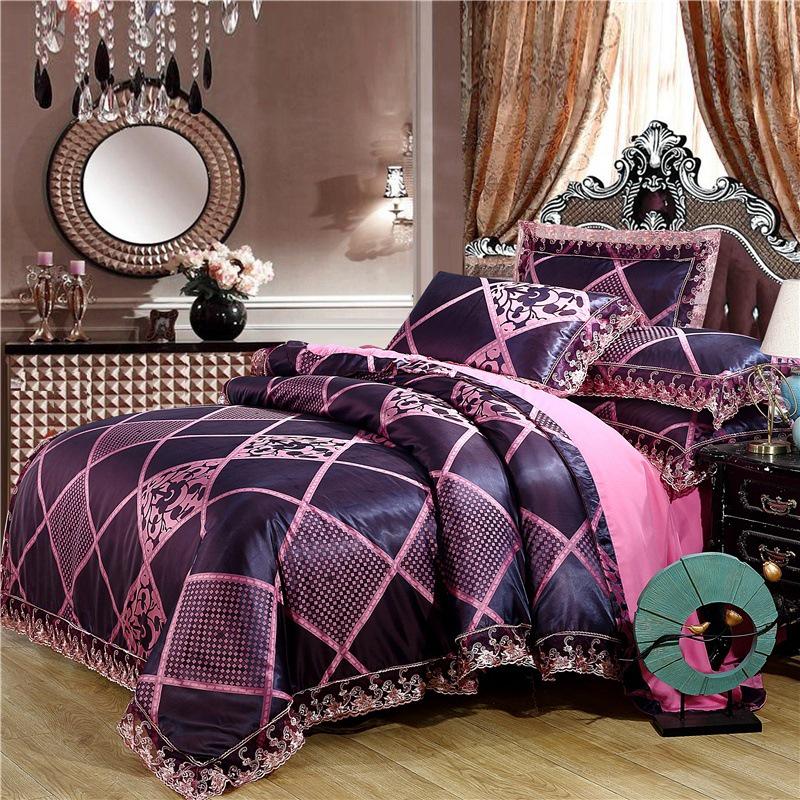 European Satin Jacquard Bedding Set - Lace-Trimmed, 4-Piece Set