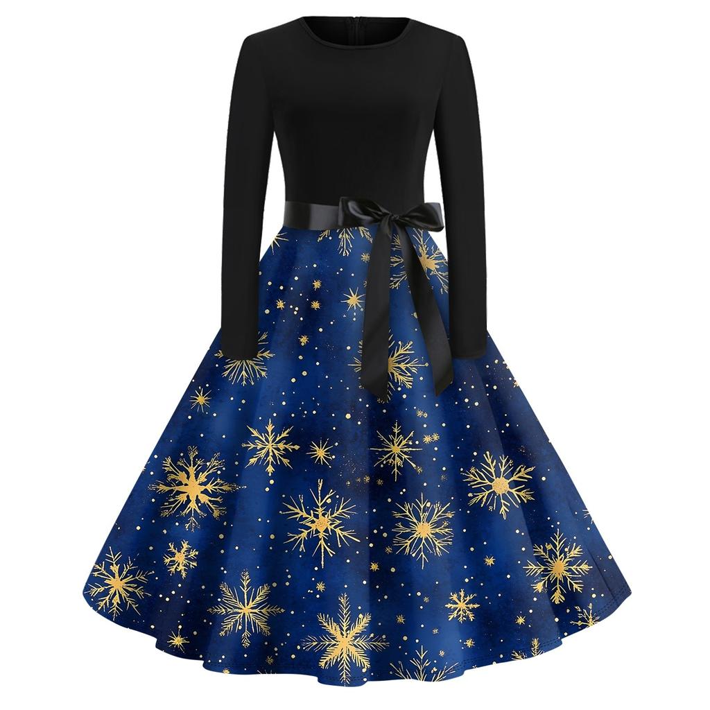 Halloween Print Flare Dress For Women Long Sleeve Dress Hollow Party Casual Round Neck Dresses