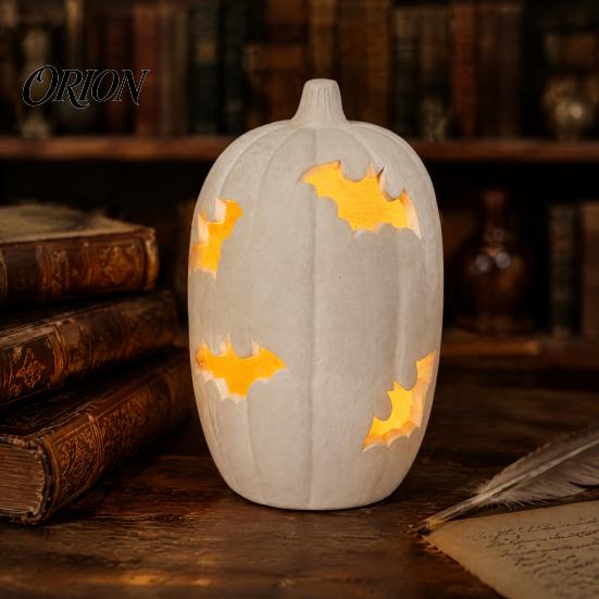Autumn Festival Decor Halloween Pumpkin Resin Figurine, Bat Hollow Out Lantern with Indoor Outdoor Holiday Props Warm Light, Spooky Home Table