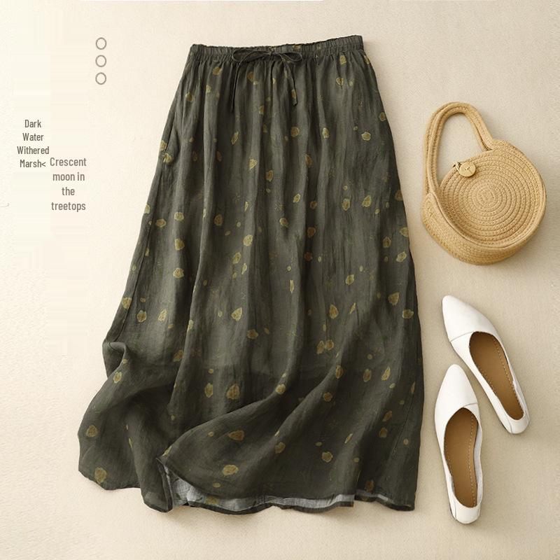 

Women s Floral Print Double Layer Midi Skirt - Summer Cotton Linen with Lining 2XL