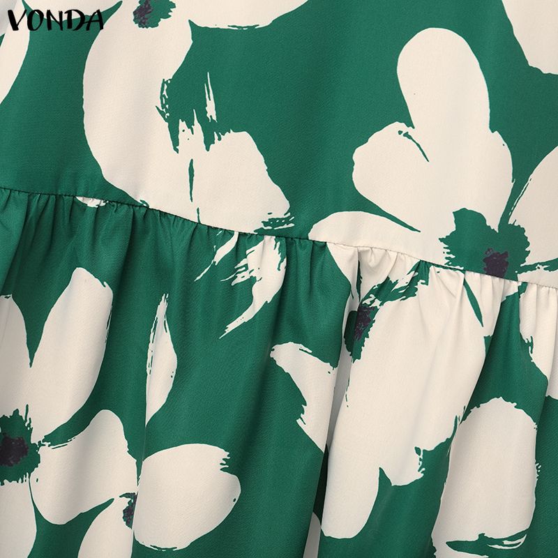 VONDA Elegant Women Stand Neck Puff Sleeve Floral Print Casual Loose Long Baggy Dress